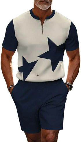 Men's short sleeved shorts sports suit stand collar shirt zipper T-shirt beach shorts jogging two-piece set in Saudi Arabia