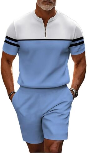 Men's short sleeved shorts sports suit stand collar shirt zipper T-shirt beach shorts jogging two-piece set in Saudi Arabia