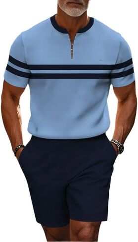 Men's short sleeved shorts sports suit stand collar shirt zipper T-shirt beach shorts jogging two-piece set in Saudi Arabia
