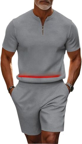 Men's short sleeved shorts sports suit stand collar shirt zipper T-shirt beach shorts jogging two-piece set in Saudi Arabia