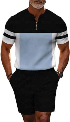 Men's short sleeved shorts sports suit stand collar shirt zipper T-shirt beach shorts jogging two-piece set in Saudi Arabia