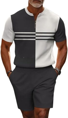 Men's short sleeved shorts sports suit stand collar shirt zipper T-shirt beach shorts jogging two-piece set in Saudi Arabia