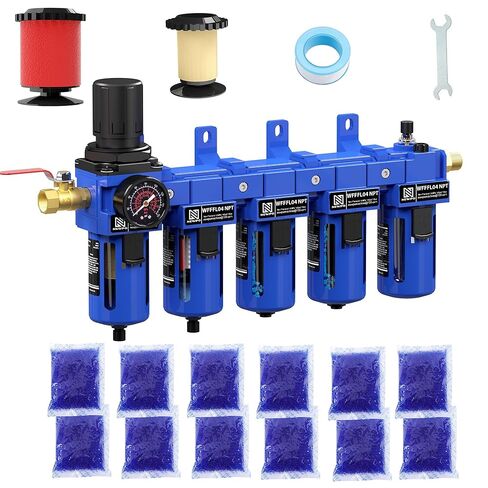 NEWPO 1/2 "NPT 5 مرحلة منظم فلتر الهواء مجموعة التشحيم، نظام الهواء المضغوط مع الترشيح، مجففات المجففة، فاصل مصيدة الماء/الزيت، تصريف شبه تلقائي، دعامة معدنية in Kuwait