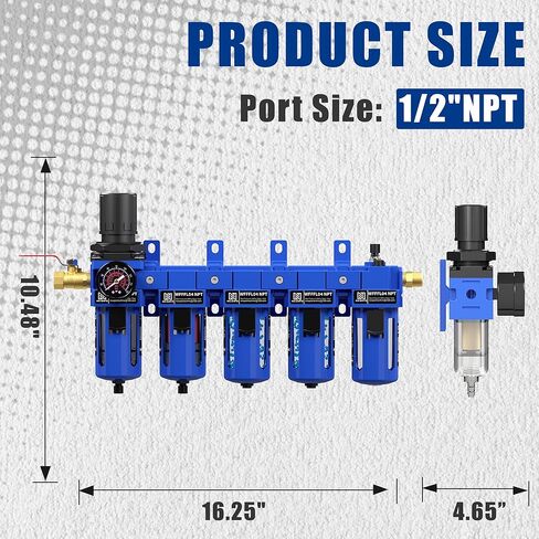NEWPO 1/2 "NPT 5 مرحلة منظم فلتر الهواء مجموعة التشحيم، نظام الهواء المضغوط مع الترشيح، مجففات المجففة، فاصل مصيدة الماء/الزيت، تصريف شبه تلقائي، دعامة معدنية in Kuwait