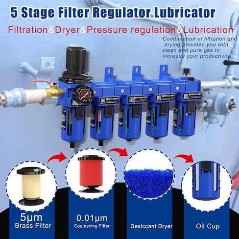 NEWPO 1/2 "NPT 5 مرحلة منظم فلتر الهواء مجموعة التشحيم، نظام الهواء المضغوط مع الترشيح، مجففات المجففة، فاصل مصيدة الماء/الزيت، تصريف شبه تلقائي، دعامة معدنية in Kuwait