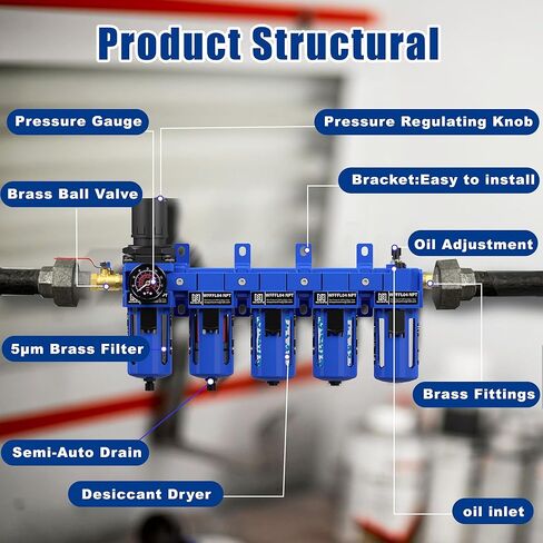 NEWPO 1/2 "NPT 5 مرحلة منظم فلتر الهواء مجموعة التشحيم، نظام الهواء المضغوط مع الترشيح، مجففات المجففة، فاصل مصيدة الماء/الزيت، تصريف شبه تلقائي، دعامة معدنية in Kuwait