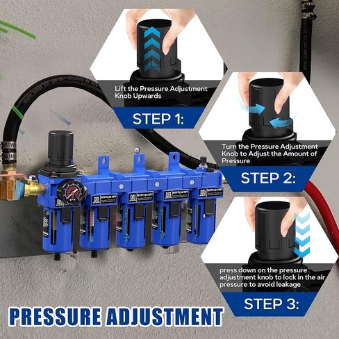 NEWPO 1/2 "NPT 5 مرحلة منظم فلتر الهواء مجموعة التشحيم، نظام الهواء المضغوط مع الترشيح، مجففات المجففة، فاصل مصيدة الماء/الزيت، تصريف شبه تلقائي، دعامة معدنية in Kuwait