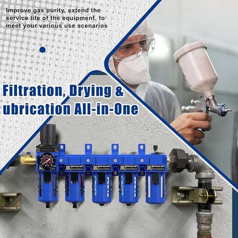 NEWPO 1/2 "NPT 5 مرحلة منظم فلتر الهواء مجموعة التشحيم، نظام الهواء المضغوط مع الترشيح، مجففات المجففة، فاصل مصيدة الماء/الزيت، تصريف شبه تلقائي، دعامة معدنية in Kuwait
