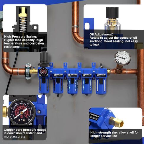 NEWPO 1/2 "NPT 5 مرحلة منظم فلتر الهواء مجموعة التشحيم، نظام الهواء المضغوط مع الترشيح، مجففات المجففة، فاصل مصيدة الماء/الزيت، تصريف شبه تلقائي، دعامة معدنية in Kuwait
