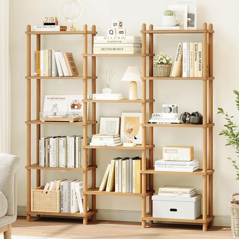 IOTXY Wooden Triple Wide Bookshelf - 6-Tier Large Shelf Bookcase with Solid Beech Frame, Tall Freestanding Open Etagere Display Rack for Home Office, Oak in Kuwait