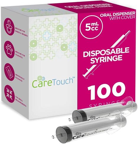 Care Touch 100 Pack 5 ml Syringes Without Needle - Disposable Oral Syringe with Luer Slip Tip - Liquid Medicine Syringes for Children, Babies, Infants, Pets - Individually Wrapped and Leak Resistant in Kuwait