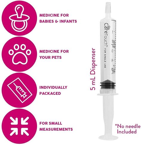 Care Touch 100 Pack 5 ml Syringes Without Needle - Disposable Oral Syringe with Luer Slip Tip - Liquid Medicine Syringes for Children, Babies, Infants, Pets - Individually Wrapped and Leak Resistant in Kuwait