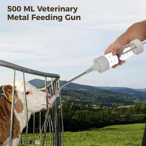 yeesport Veterinary Metal Feeding Gun, 500 ml Oral Drencher for Livestock, Long Handle Dosing Syringe with Curved Nozzle, Adjustable Dose Injector for Cattle Pigs Sheep Horses in Saudi Arabia