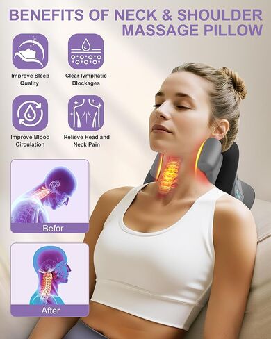 Shiatsu Neck Massager with Heat, Cordless Portable Cervical Traction Device with 10-Minute Timer for Full Body Muscle Pain Relief, Electric Deep Tissue Kneading Massage Pillow(Black) in Saudi Arabia