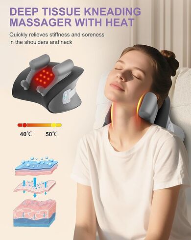 Shiatsu Neck Massager with Heat, Cordless Portable Cervical Traction Device with 10-Minute Timer for Full Body Muscle Pain Relief, Electric Deep Tissue Kneading Massage Pillow(Black) in Saudi Arabia