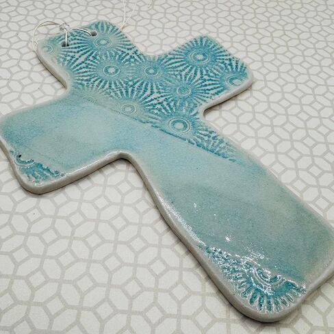 الصليب الفيروز المزجج 7 بوصات ، مصنوع يدويًا في الولايات المتحدة الأمريكية ، هدية الذكرى السنوية التاسعة في الفخار in Kuwait