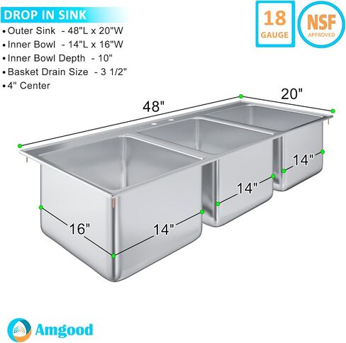 AmGood 14 × 16 × 10 بوصة حوض من الفولاذ المقاوم للصدأ مكون من 3 حجرات NSF in Saudi Arabia