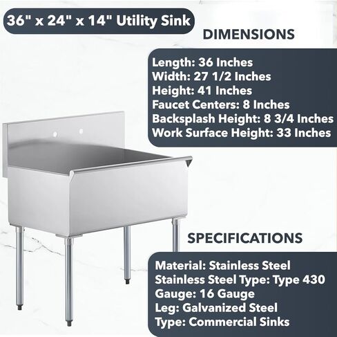 36" x 24" x 14" Stainless Steel Utility Sink with 8 3/4" Backsplash – 16-Gauge 430 Freestanding Commercial Prep & Wash Sink for Restaurants, Cafes, Bars, Foodservice Kitchens in Kuwait