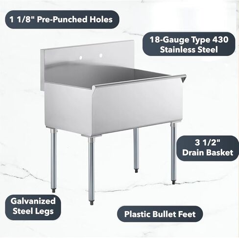 36" x 24" x 14" Stainless Steel Utility Sink with 8 3/4" Backsplash – 16-Gauge 430 Freestanding Commercial Prep & Wash Sink for Restaurants, Cafes, Bars, Foodservice Kitchens in Kuwait