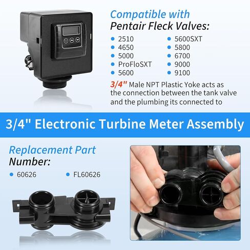 60626 Electronic Turbine Meter with 3/4" NPT Plastic Yoke,Compatible with Pentair Fleck 2510,5600SXT,5000,5800,6700,9000,9100 Water Softeners,with Clip,Screw,Flow Meter Cable in Kuwait