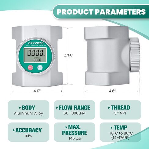 Waterproof 3 Inch Water Flow Meter, 16-343 GPM Digital NPT Flowmeter with EMI Protection for Diesel, Gasoline, Pool, Hydrant, Fire Truck and Oil Tanker, ±1% Accuracy in Kuwait