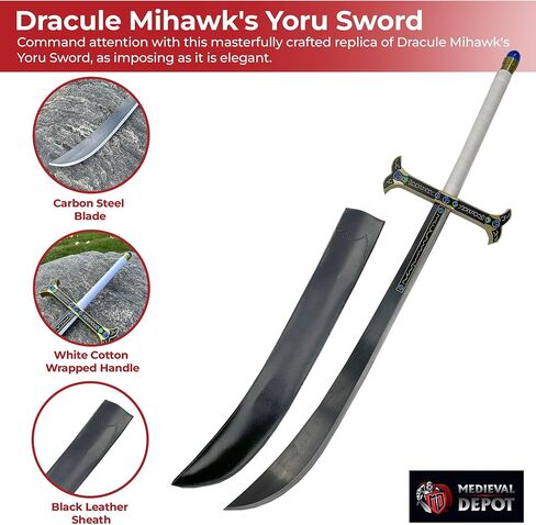 MedievalDepot One Peice Dracule Mihawk Yoru Sword Replica - Overall 46" - Blackened Carbon Steel Blade - Ornate Gem Guard - Cosplay & Collectible in Kuwait
