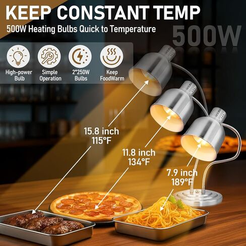 Winado Food Heating Lamp, 2x250W Commercial Food Heat Lamp, Stainless Steel Catering Food Warming Lamp Restaurant Equipment for Restaurant Kitchen Cafeteria, Silver in Kuwait