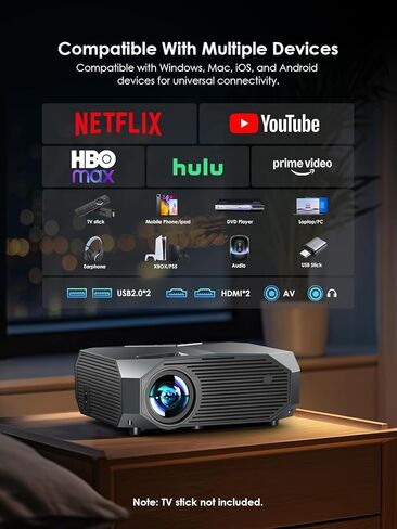 Jowhick Projector مع WiFi و Bluetooth ، جهاز عرض أفلام محمول محمول 1080 بكسل ، 50 ٪ -100 ٪ Zoom ، 400 بوصة ، عرض 4K متوافق مع HDMI/USB/PC/TV/PS5/DVD/Android/iOS in Kuwait