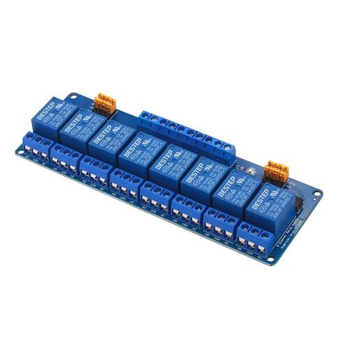 وحدة ترحيل 8 قنوات، 3V-24V، مشغل عالي ومنخفض المستوى، مخرج مرحل Optocoupler، 2NO 2NC، اتصال فضي، 10 أمبير، 250 فولت تيار متردد، 3 فولت دقيقة، 12 فولت لون، تشغيل يدوي، حامل سكة DIN، موصل لولبي in Saudi Arabia