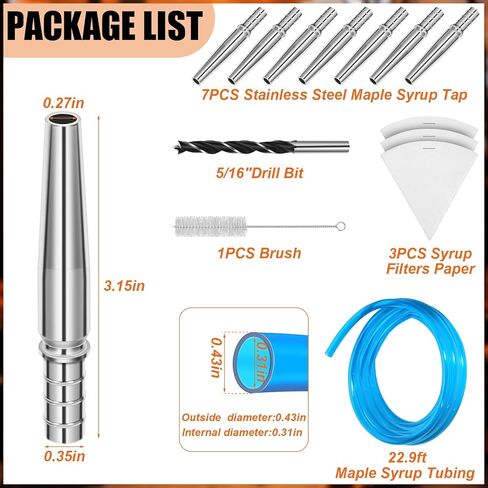 13Pcs Maple Syrup Tree Tapping Kit Include 7 Stainless Steel Maple Taps,22.9ft Maple Syrup Tubing,3 Maple Sap Filter,1 Cleaning Brush,1 Maple Tap Drill Bit for Maple Syrup Collection Supplies in Saudi Arabia