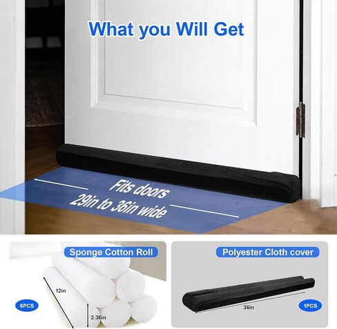 39" Door Draft Stopper - Adjustable Under Door Blocker, Double Sided Weather Stripping for Noise & Dust Proof - Universal Fit (Removable Fabric/Sponge)(Black) in Kuwait