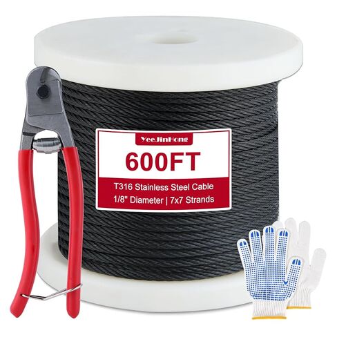 Stainless Steel Black Cable for Railing, 200FT 1/8in T316 Wire Rope for Deck Railings, 7x7 Strands Cable Rail Kits with Cutter for Deck Rail Fence Rigging Marine Outdoor Use in Kuwait