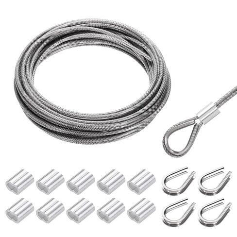 MECCANIXITY 33FT Stainless Steel Cable Railing Kit, 1/8" Silver 7x7 Strand Wire Rope with Loop Sleeves and Thimbles for Outdoor Deck Fence Wire & String Light,Picture Hanging in Saudi Arabia
