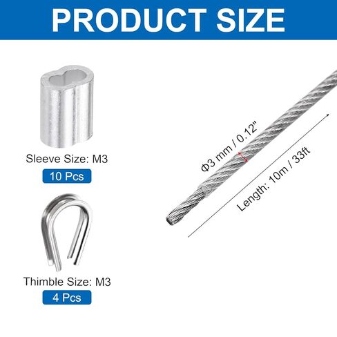 MECCANIXITY 33FT Stainless Steel Cable Railing Kit, 1/8" Silver 7x7 Strand Wire Rope with Loop Sleeves and Thimbles for Outdoor Deck Fence Wire & String Light,Picture Hanging in Saudi Arabia