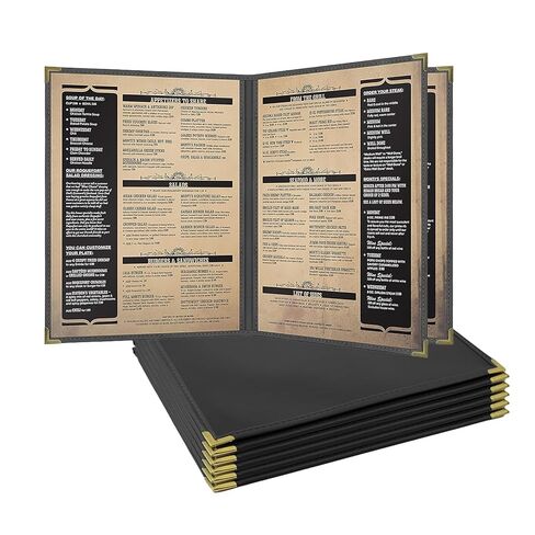 Goodsmart Pajco Style Restaurant Menu Covers – Pack of 10, Side-Loading Booklet Menu Holders, Single Stitched Edge, Clear Vinyl Menu Sleeves, Leatherette Trim, Gold Corners, Black, 4 View (8.5" x 11") in Kuwait