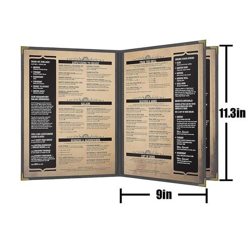 Goodsmart Pajco Style Restaurant Menu Covers – Pack of 10, Side-Loading Booklet Menu Holders, Single Stitched Edge, Clear Vinyl Menu Sleeves, Leatherette Trim, Gold Corners, Black, 4 View (8.5" x 11") in Kuwait