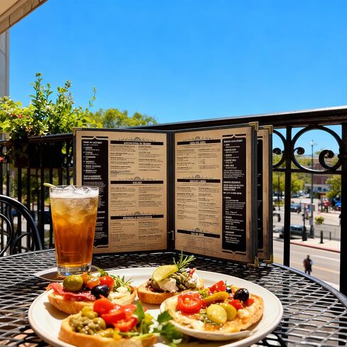 Goodsmart Pajco Style Restaurant Menu Covers – Pack of 10, Side-Loading Booklet Menu Holders, Single Stitched Edge, Clear Vinyl Menu Sleeves, Leatherette Trim, Gold Corners, Black, 4 View (8.5" x 11") in Kuwait