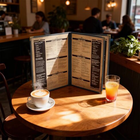 Goodsmart Pajco Style Restaurant Menu Covers – Pack of 10, Side-Loading Booklet Menu Holders, Single Stitched Edge, Clear Vinyl Menu Sleeves, Leatherette Trim, Gold Corners, Black, 4 View (8.5" x 11") in Kuwait