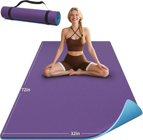 سجادة يوجا HAHE سميكة، مقاس 72 بوصة × 32 بوصة × 0.4 بوصة (10 مم)، سجادة تمرين واسعة غير قابلة للانزلاق مع حزام حمل، سجادة لياقة POE مزدوجة الجوانب لليوجا والبيلاتس والتدريبات الأرضية in Kuwait