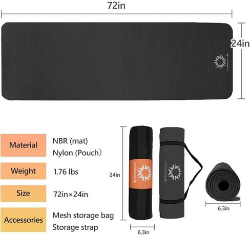 سجادة اليوجا السميكة من بريماسول، سجادة NBR سميكة للغاية بسمك 1/2 بوصة مع ثبات معزز - تصميم محكم، بساط خفيف الوزن مع حزام حمل وحقيبة لليوجا والبيلاتيس وصالة الألعاب الرياضية والاستخدام المنزلي (ألوان متعددة) in Kuwait