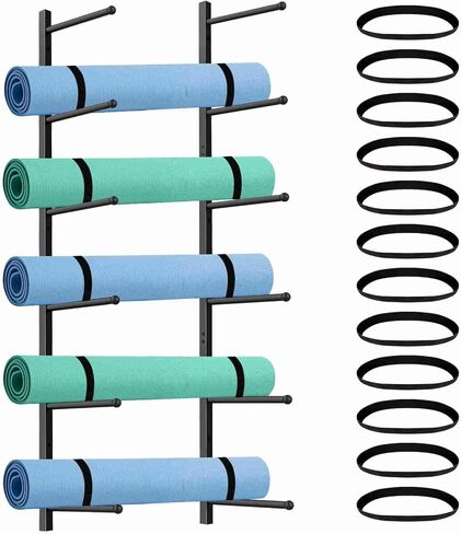 Yoga Mat Holder Wall Mount with 12 Straps, 6 Tier Metal Yoga Mat Storage Rack Home Gym Exercise Workout Equipment Organizer for Foam Roller Resistance Bands in Saudi Arabia