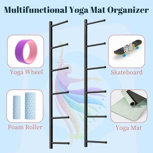 Yoga Mat Holder Wall Mount with 12 Straps, 6 Tier Metal Yoga Mat Storage Rack Home Gym Exercise Workout Equipment Organizer for Foam Roller Resistance Bands in Saudi Arabia