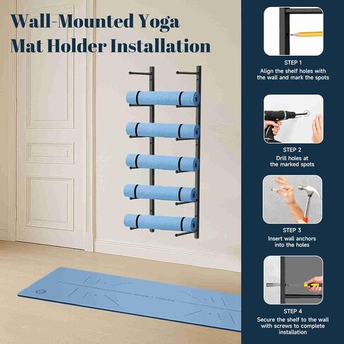 Yoga Mat Holder Wall Mount with 12 Straps, 6 Tier Metal Yoga Mat Storage Rack Home Gym Exercise Workout Equipment Organizer for Foam Roller Resistance Bands in Saudi Arabia