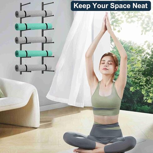 Yoga Mat Holder Wall Mount with 12 Straps, 6 Tier Metal Yoga Mat Storage Rack Home Gym Exercise Workout Equipment Organizer for Foam Roller Resistance Bands in Saudi Arabia