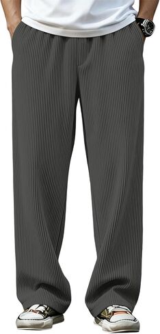 سروال رجالي واسع مستقيم الساق فضفاض مرن الخصر Sweatpants فضفاضة تناسب الصلبة عارضة ركض مع جيوب in Saudi Arabia