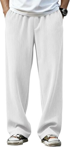 سروال رجالي واسع مستقيم الساق فضفاض مرن الخصر Sweatpants فضفاضة تناسب الصلبة عارضة ركض مع جيوب in Kuwait