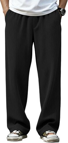 سروال رجالي واسع مستقيم الساق فضفاض مرن الخصر Sweatpants فضفاضة تناسب الصلبة عارضة ركض مع جيوب in Kuwait