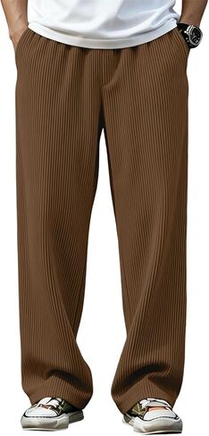سروال رجالي واسع مستقيم الساق فضفاض مرن الخصر Sweatpants فضفاضة تناسب الصلبة عارضة ركض مع جيوب in Kuwait