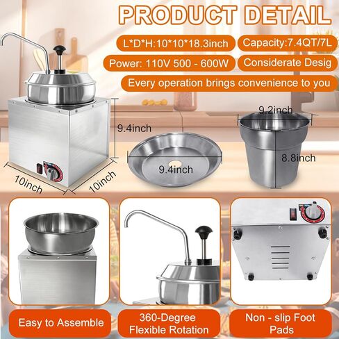 موزع جبن ناتشو 7.4 لتر مع مضخة من الفولاذ المقاوم للصدأ، 6 مستويات لضبط درجة الحرارة، سخان جبن ناتشو، موزع صلصة تجاري للزبدة والكراميل والحلوى الساخنة in Kuwait