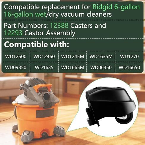 عجلة قدم 12388 ومجموعة عجلات 12293 متوافقة مع مكنسة Ridgid 6 و16 جالون الرطب/الجاف، وعجلات عجلات التفريغ (عبوة واحدة) in Kuwait